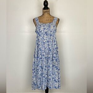 Old Navy Tiered Motif Floral Midi Dress L Blue Smocked Cottagecore Mediterranean